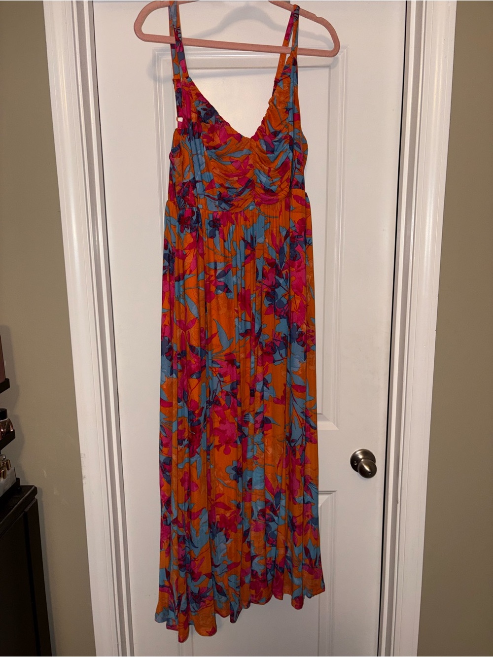 Orange Floral Maxi Dress with Blue & Pink Accents - Picture 3 of 4